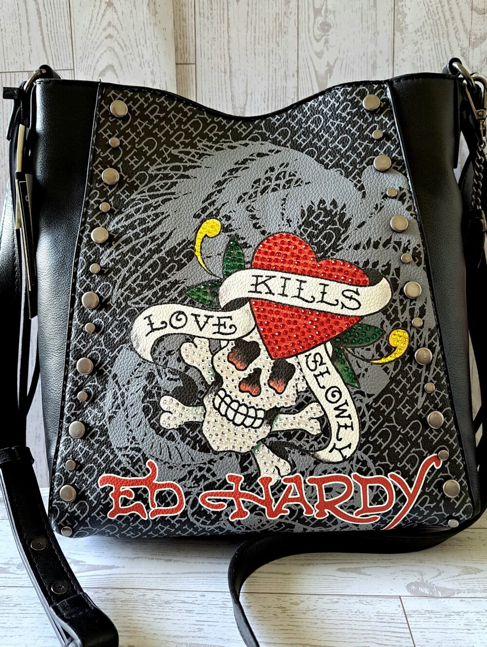 Ed Hardy Black Graphic Shoulder Bag/Crossbody Bag - Red Heart Skull Design